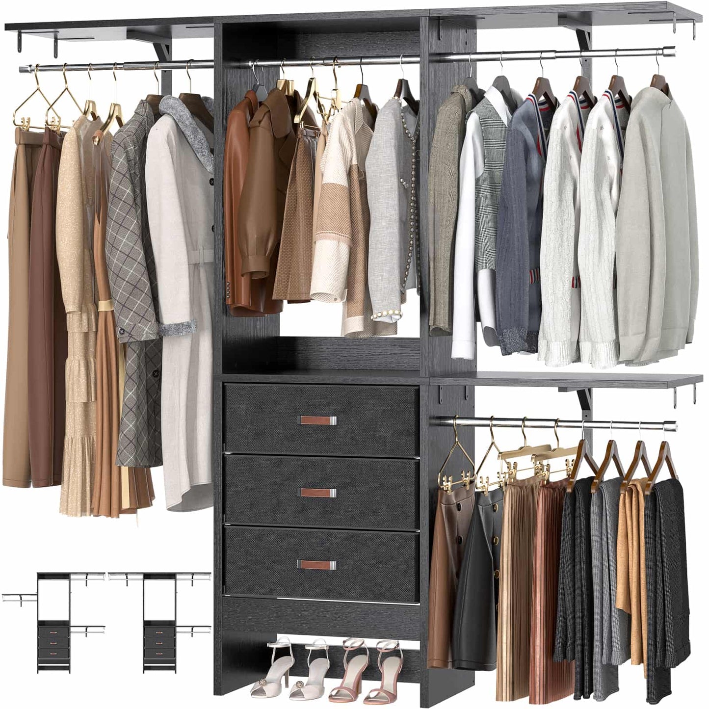 59'' W Small Closet System with 3 Fabric Drawers