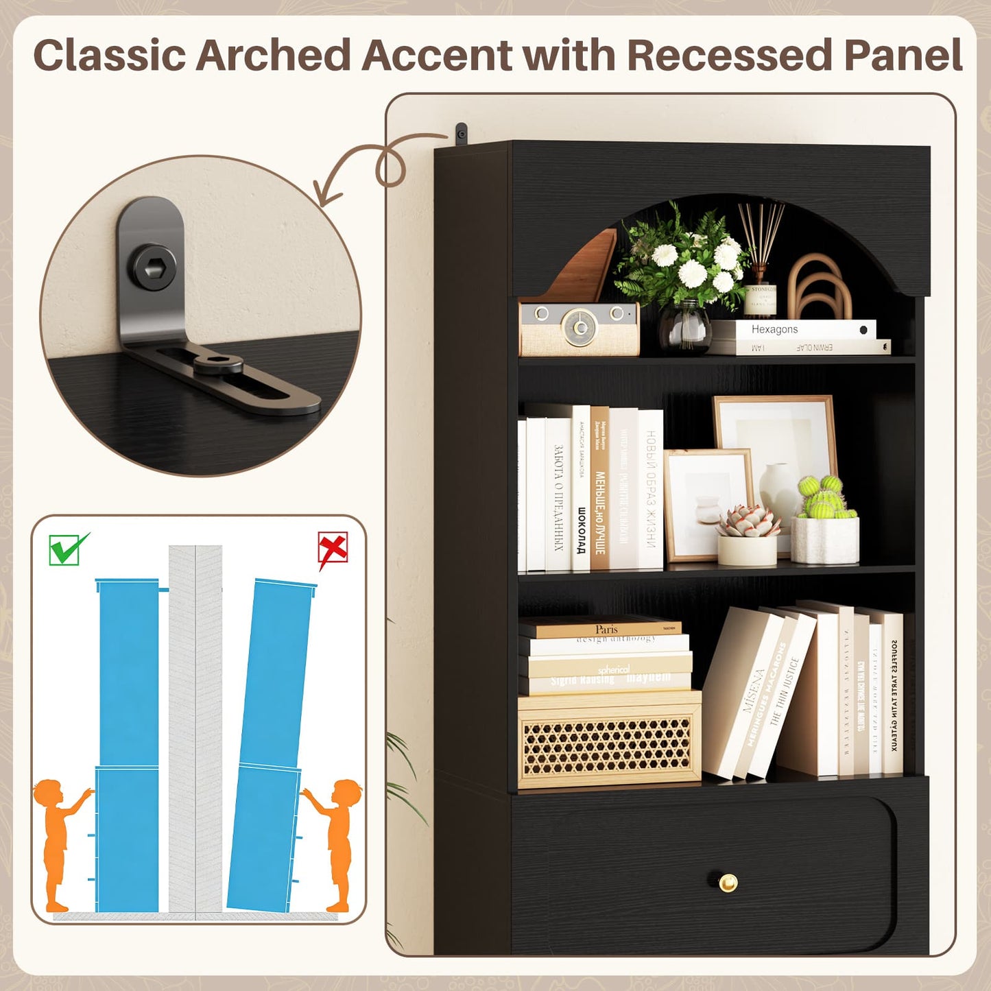 80" Tall Arched Bookcase with 3 Drawers & 3 Open Shelves - Wooden Storage Cabinet for Living Room, Kitchen