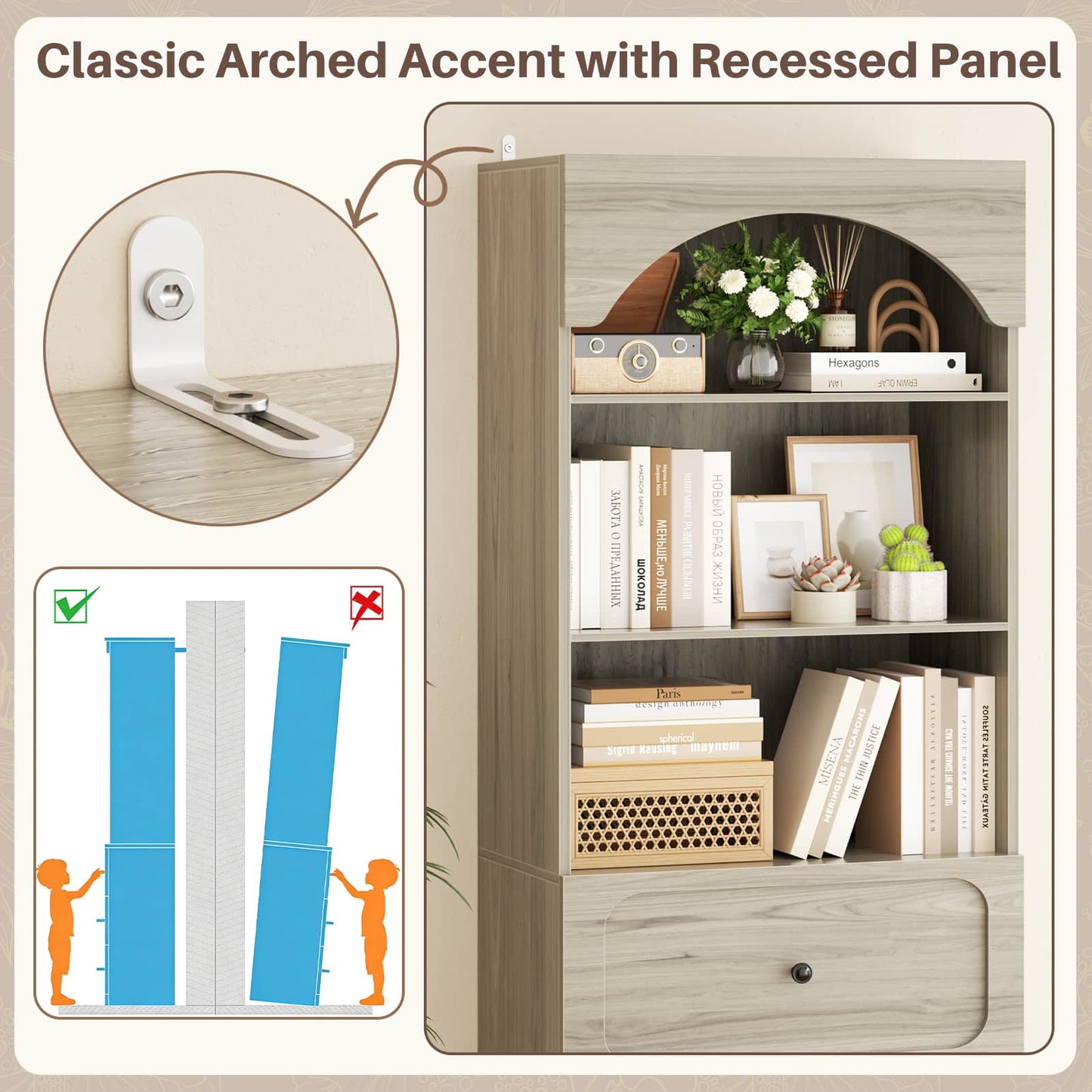 80" Tall Arched Bookcase with 3 Drawers & 3 Open Shelves - Wooden Storage Cabinet for Living Room, Kitchen