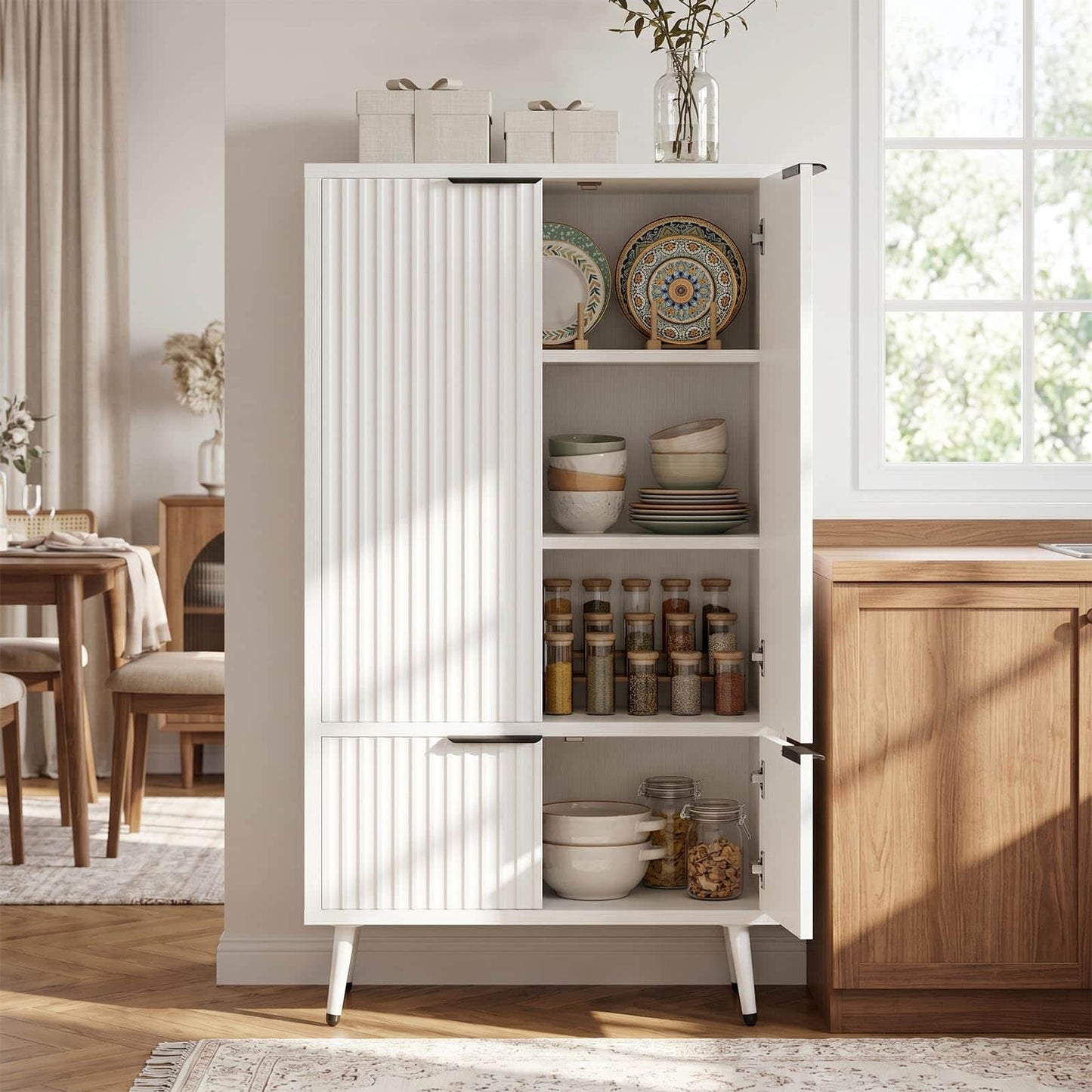 51.2" Freestanding Storage Cabinet with 4 Fluted Doors, Adjustable Shelves & Raised Legs - Wobble-Free Organizer for Bathroom, Kitchen, Living Room