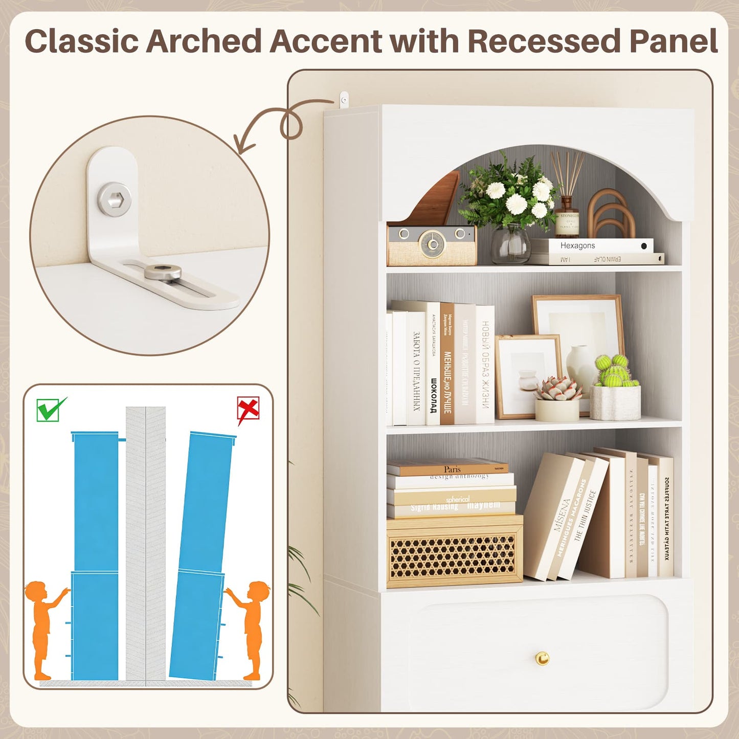 80" Tall Arched Bookcase with 3 Drawers & 3 Open Shelves - Wooden Storage Cabinet for Living Room, Kitchen