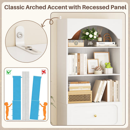 80" Tall Arched Bookcase with 3 Drawers & 3 Open Shelves - Wooden Storage Cabinet for Living Room, Kitchen
