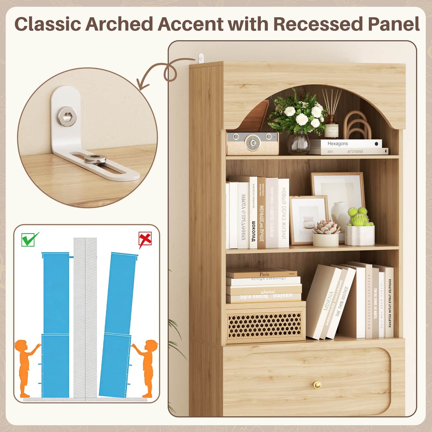 80" Tall Arched Bookcase with 3 Drawers & 3 Open Shelves - Wooden Storage Cabinet for Living Room, Kitchen