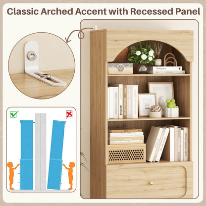 80" Tall Arched Bookcase with 3 Drawers & 3 Open Shelves - Wooden Storage Cabinet for Living Room, Kitchen