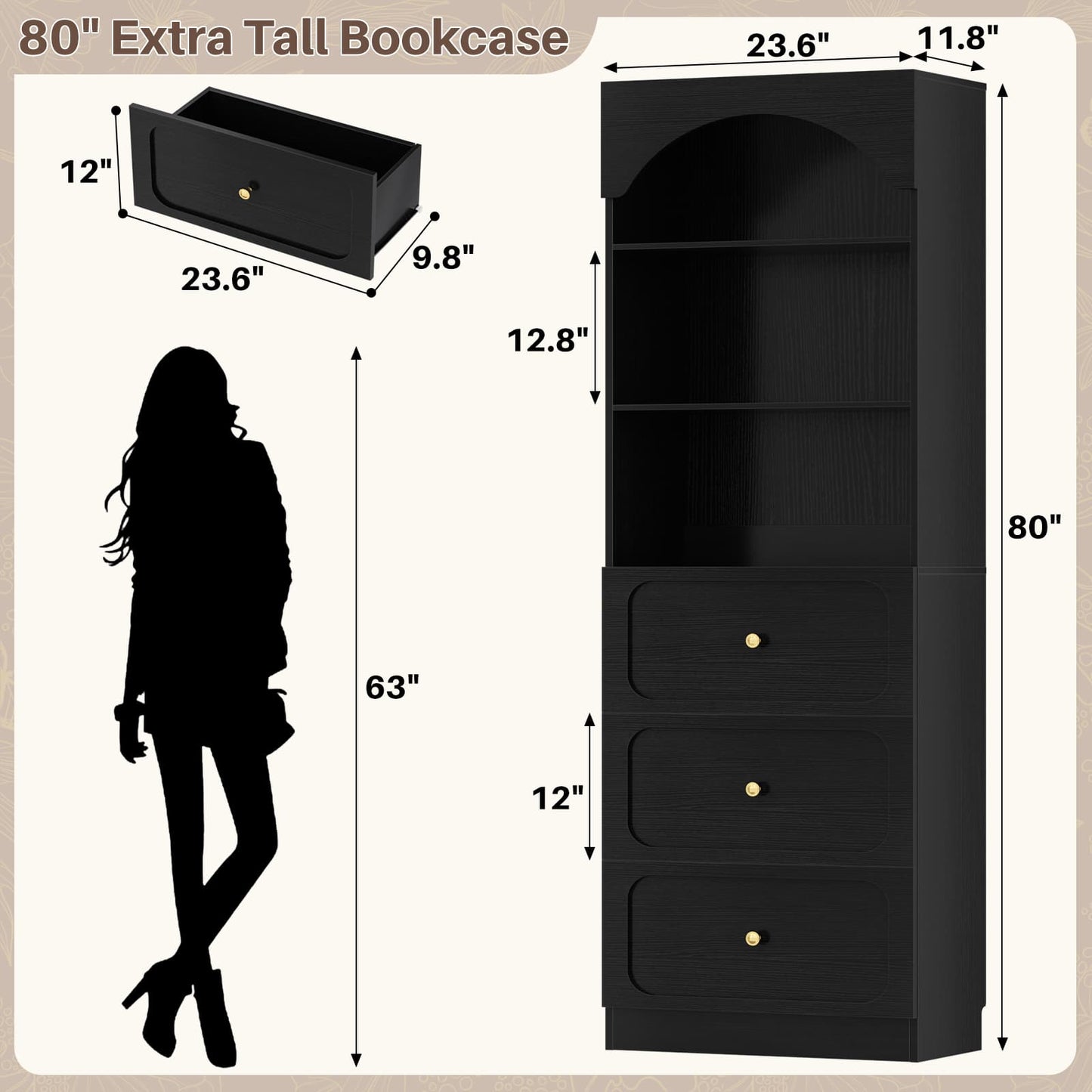 80" Tall Arched Bookcase with 3 Drawers & 3 Open Shelves - Wooden Storage Cabinet for Living Room, Kitchen