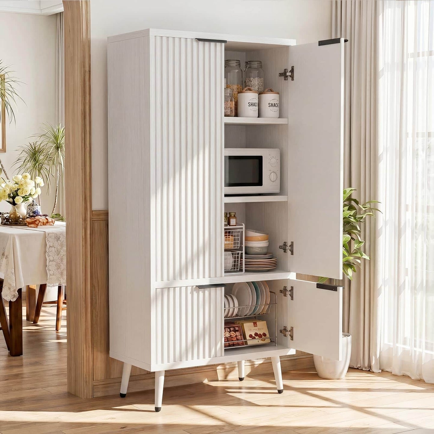 51.2" Freestanding Storage Cabinet with 4 Fluted Doors, Adjustable Shelves & Raised Legs - Wobble-Free Organizer for Bathroom, Kitchen, Living Room