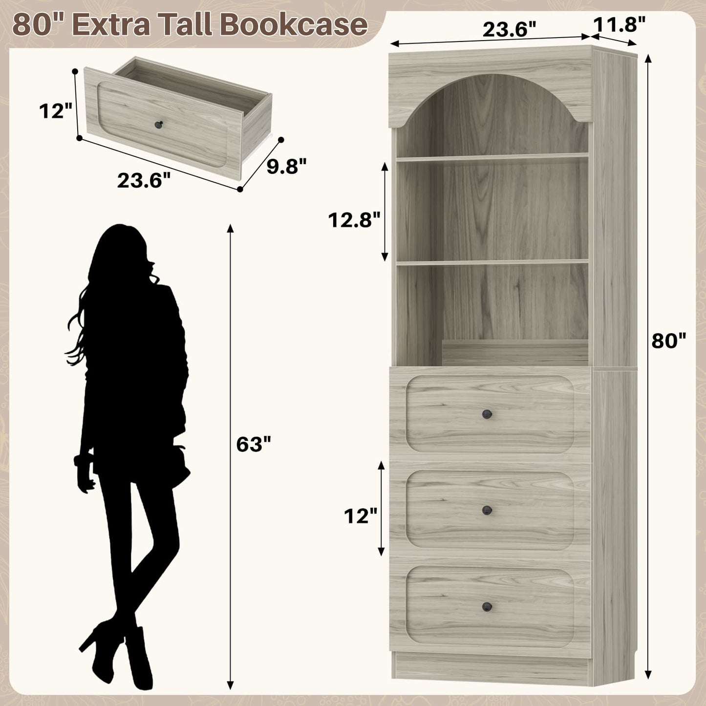 80" Tall Arched Bookcase with 3 Drawers & 3 Open Shelves - Wooden Storage Cabinet for Living Room, Kitchen