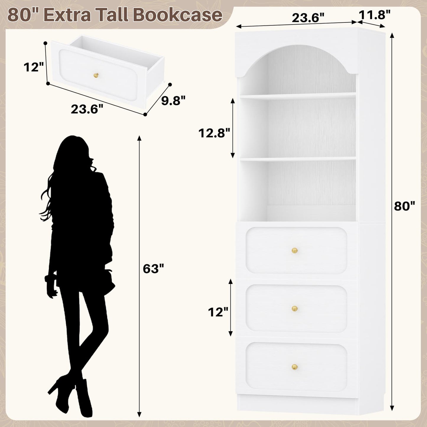80" Tall Arched Bookcase with 3 Drawers & 3 Open Shelves - Wooden Storage Cabinet for Living Room, Kitchen