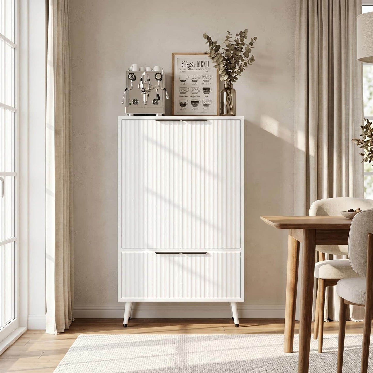 51.2" Freestanding Storage Cabinet with 4 Fluted Doors, Adjustable Shelves & Raised Legs - Wobble-Free Organizer for Bathroom, Kitchen, Living Room