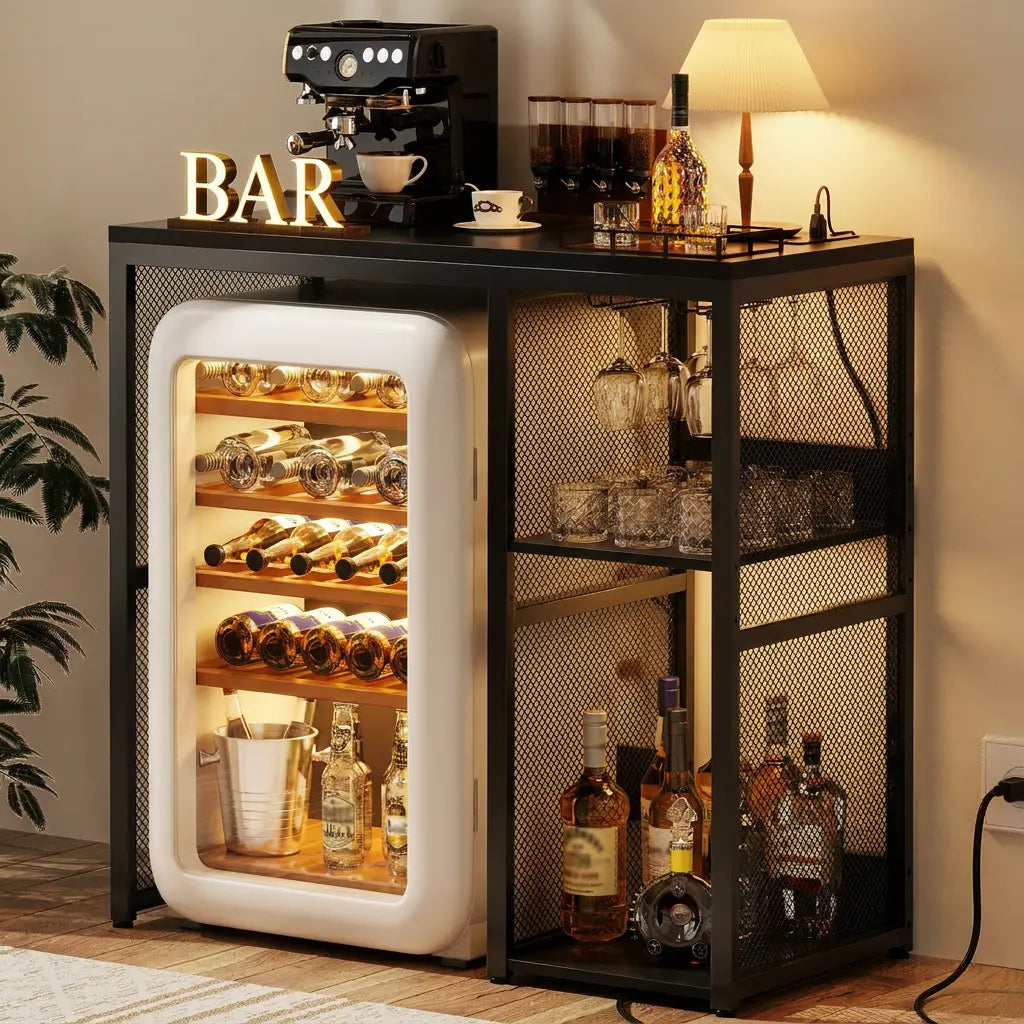 Mini Fridge Cabinet with Power Outlet, Coffee Bar Cabinet with Mini Fridge Space