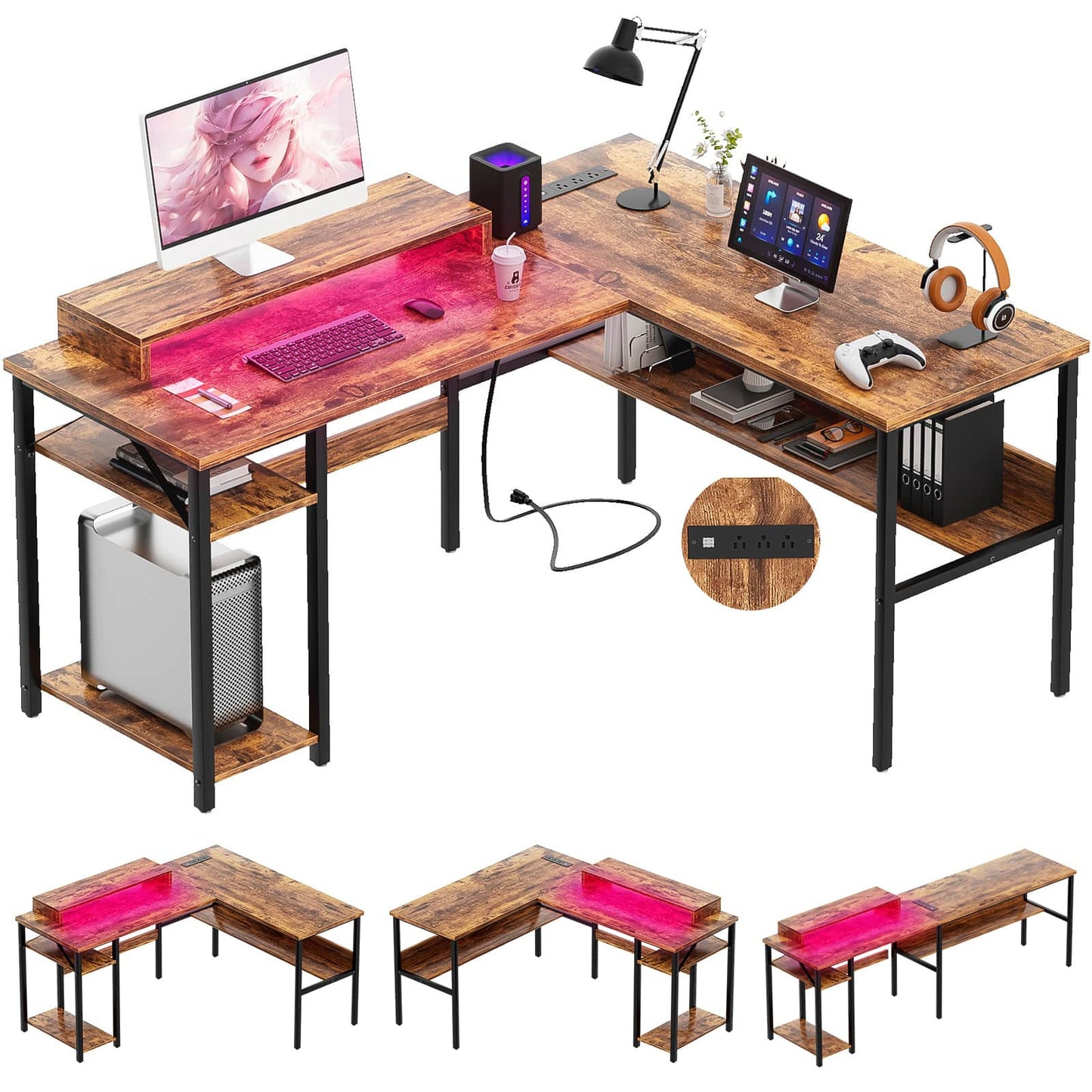 Reversible L Shaped Desk with Magic Power Outlets and USB Charging Ports