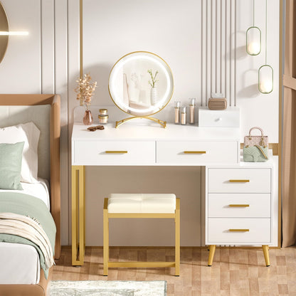 Vanity Desk with Mirror and Lights, Modern Makeup Vanity Table Set with 6 Storage Drawers and Cushioned Stool