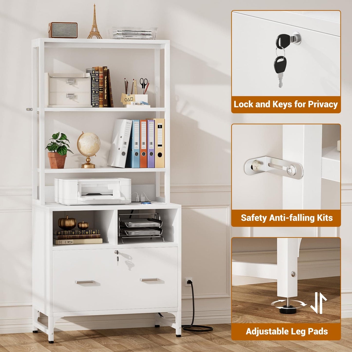 2-Pack Vertical File Cabinet with Shelves, Charging Station, Lock, Large Drawer & Printer Stand