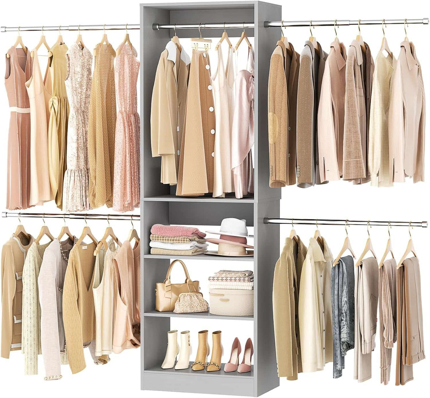 20.5-120'' W Closet Organizer System with 5 Hanging Rods, Shelving Tower