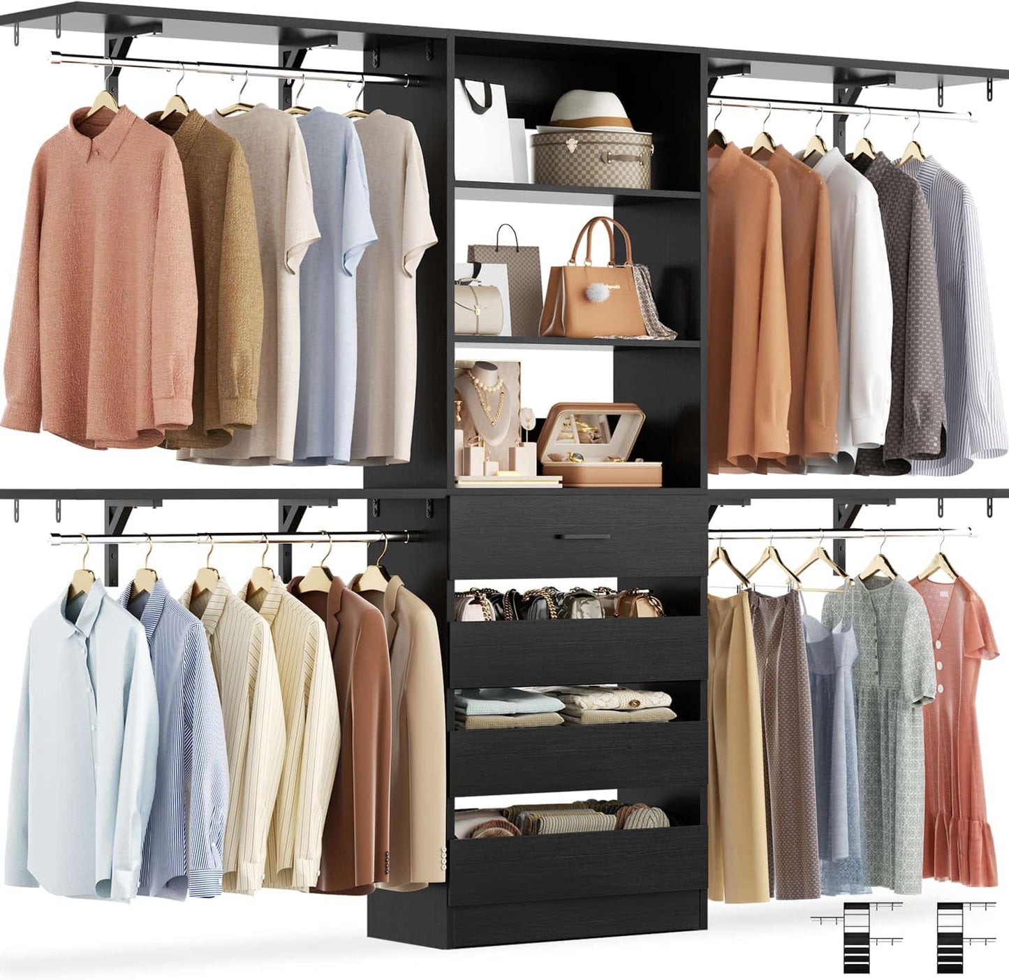 Closet System, 8FT Closet Organizer with 4 Wooden Drawers, Wood Closet Organizer System with Tower, Walk-in Closet Organizer Wardrobe