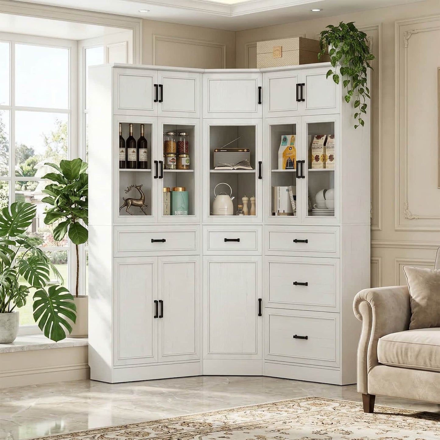 80" Farmhouse Corner Cabinet + Freestanding Pantry Set with Adjustable Shelves, Tempered Glass Doors, Versatile Storage