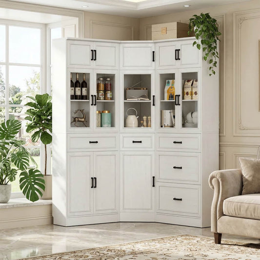 80" Farmhouse Corner Cabinet + Freestanding Pantry Set with Adjustable Shelves, Tempered Glass Doors, Versatile Storage