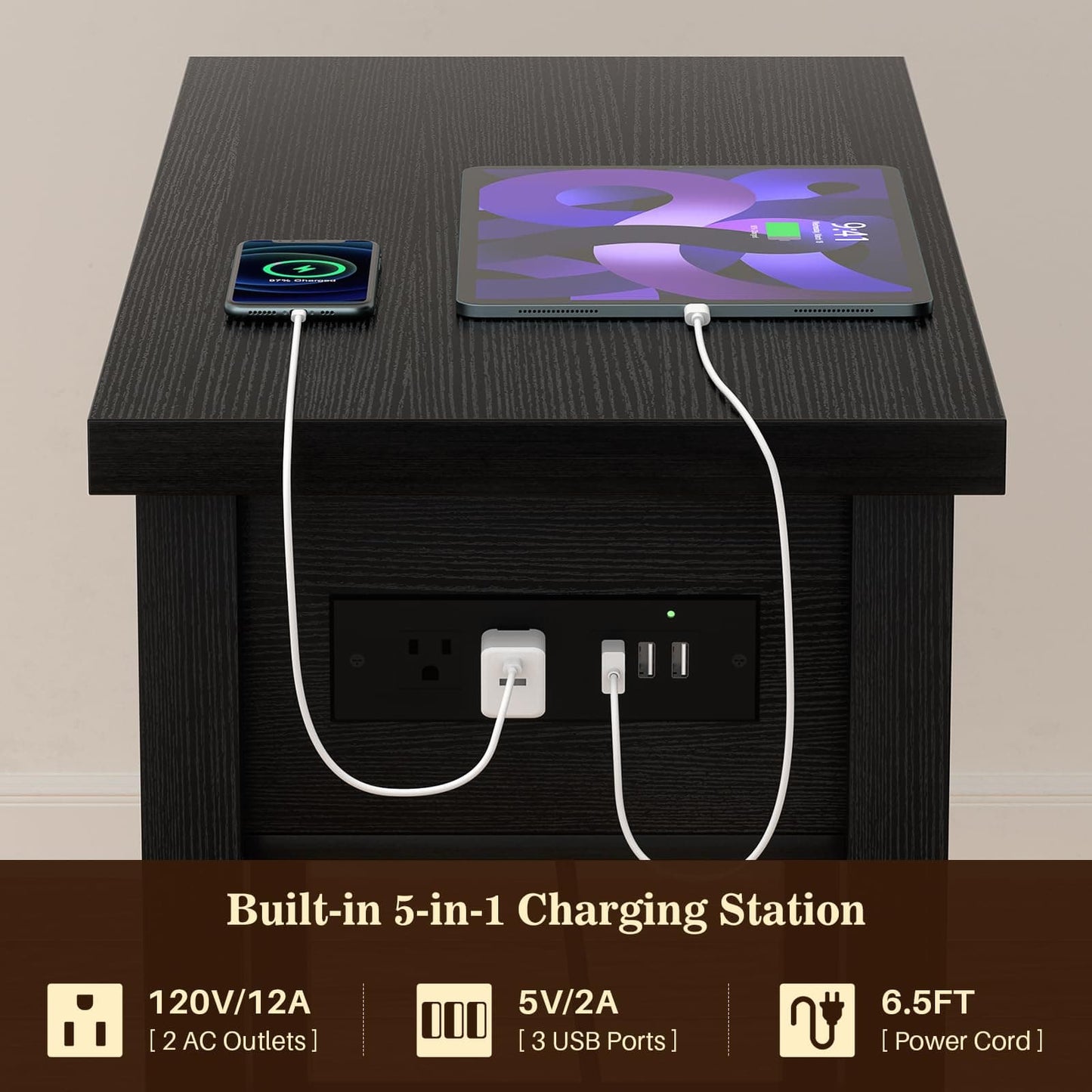 Farmhouse Narrow End Table with Built-in Charging Station – USB Ports & AC Outlets, Drawer & Open Shelf, Slim Side Table