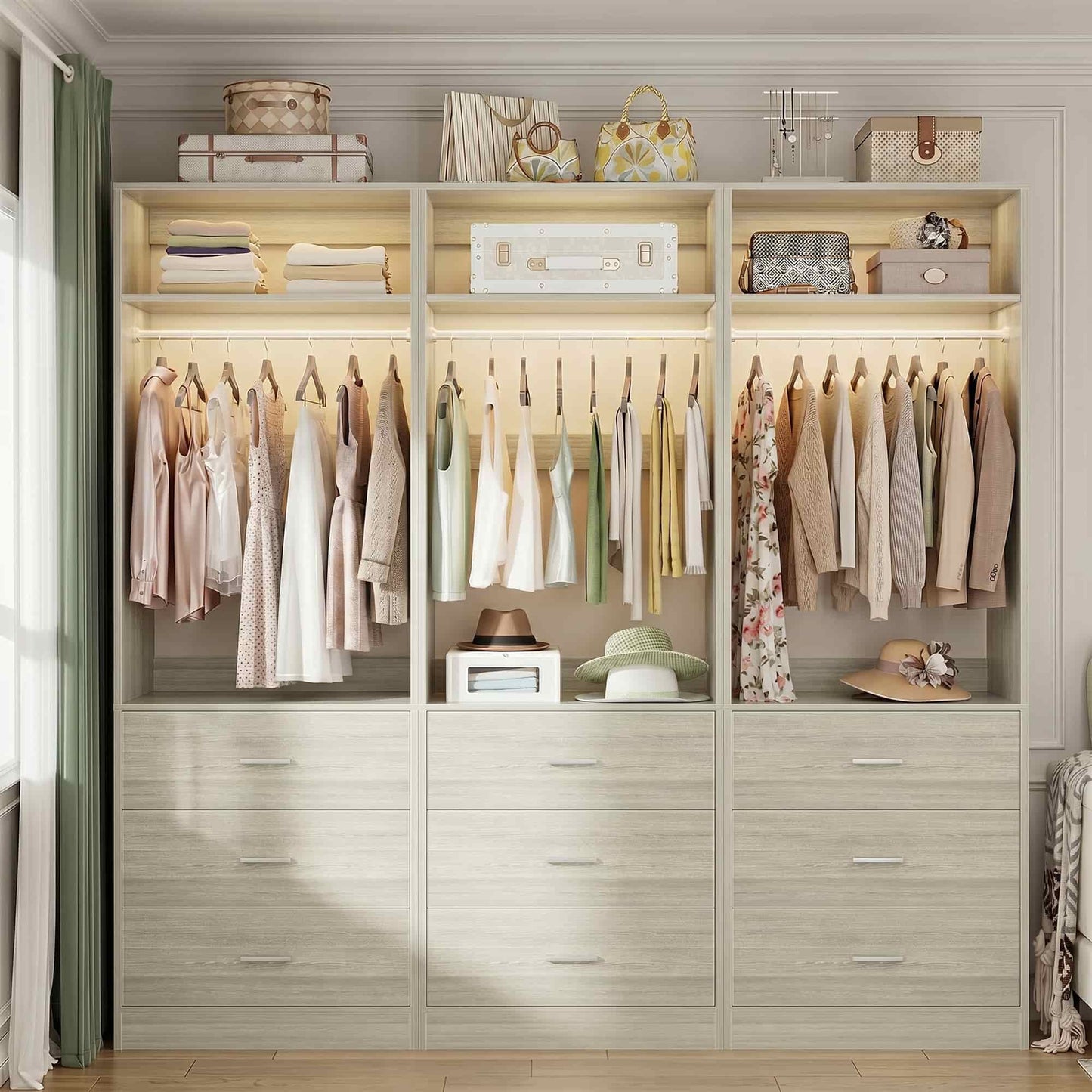 Freestanding Closet System Set - 3-Pack with 3 Wood Drawers Each,With Hanging Rod & Shelves, 24"L x 15"W x 80"H