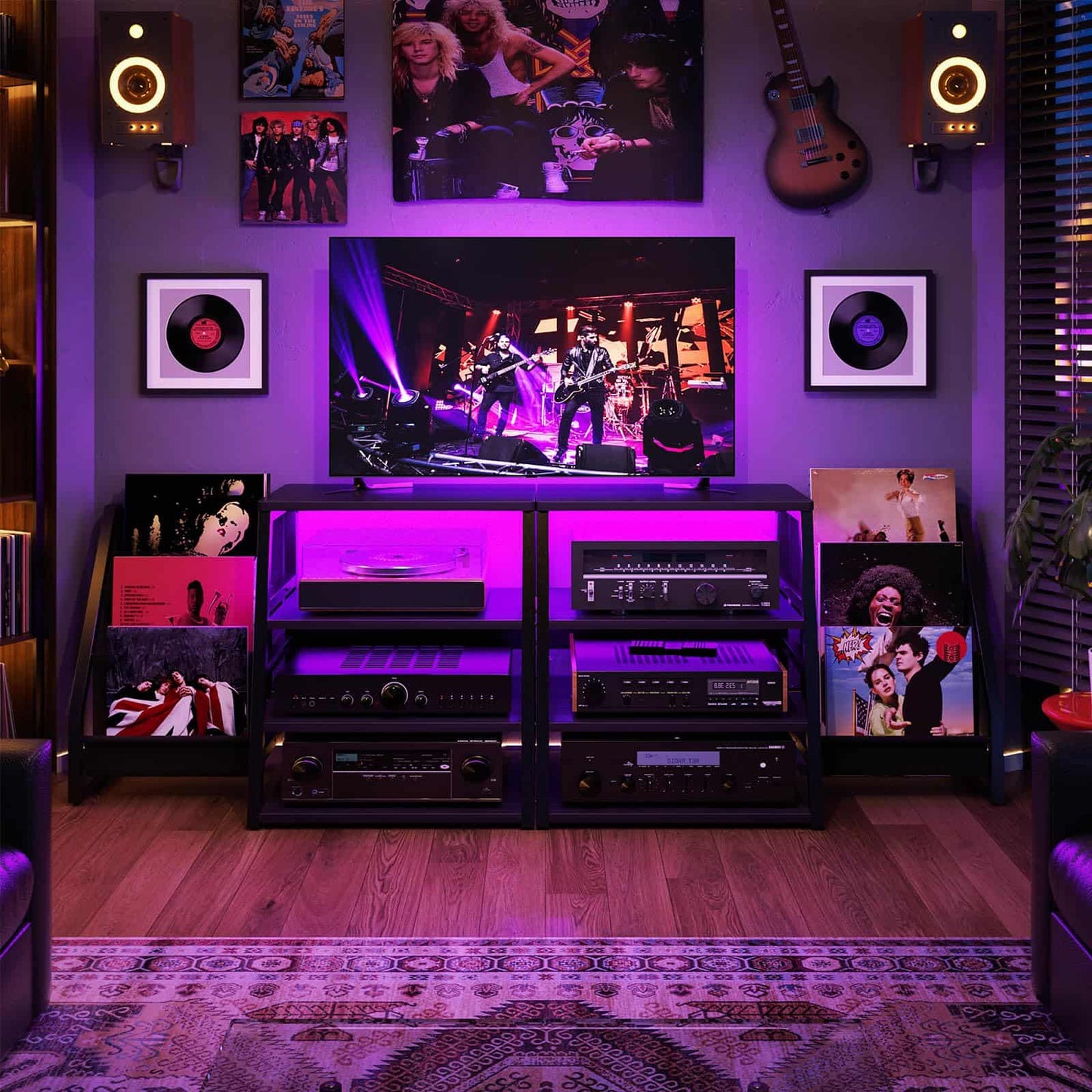 4-Tier Media Stand with Vinyl Storage, Power Outlets & LED Lights