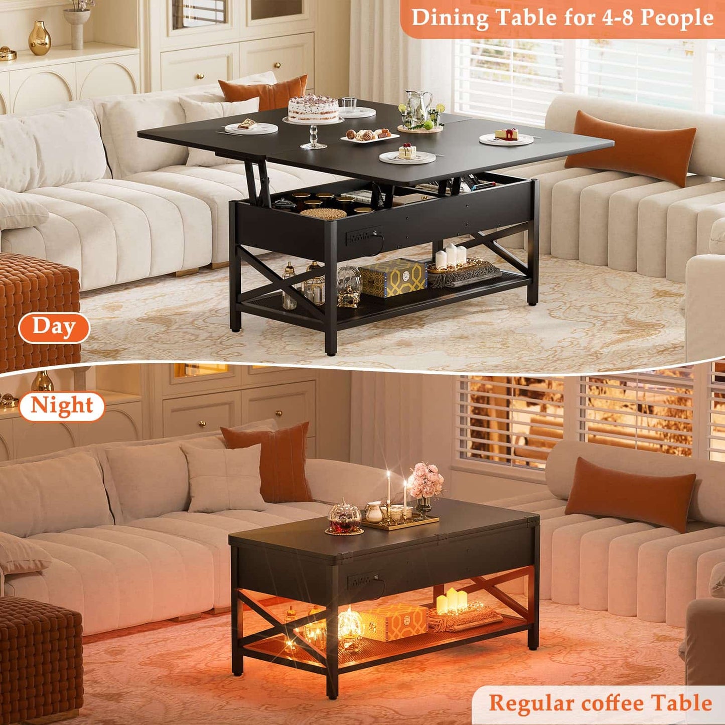 Coffee Table Lift Top with LED Light and Power Outlet, Multi-Function Coffee Table Converts to Dining Table