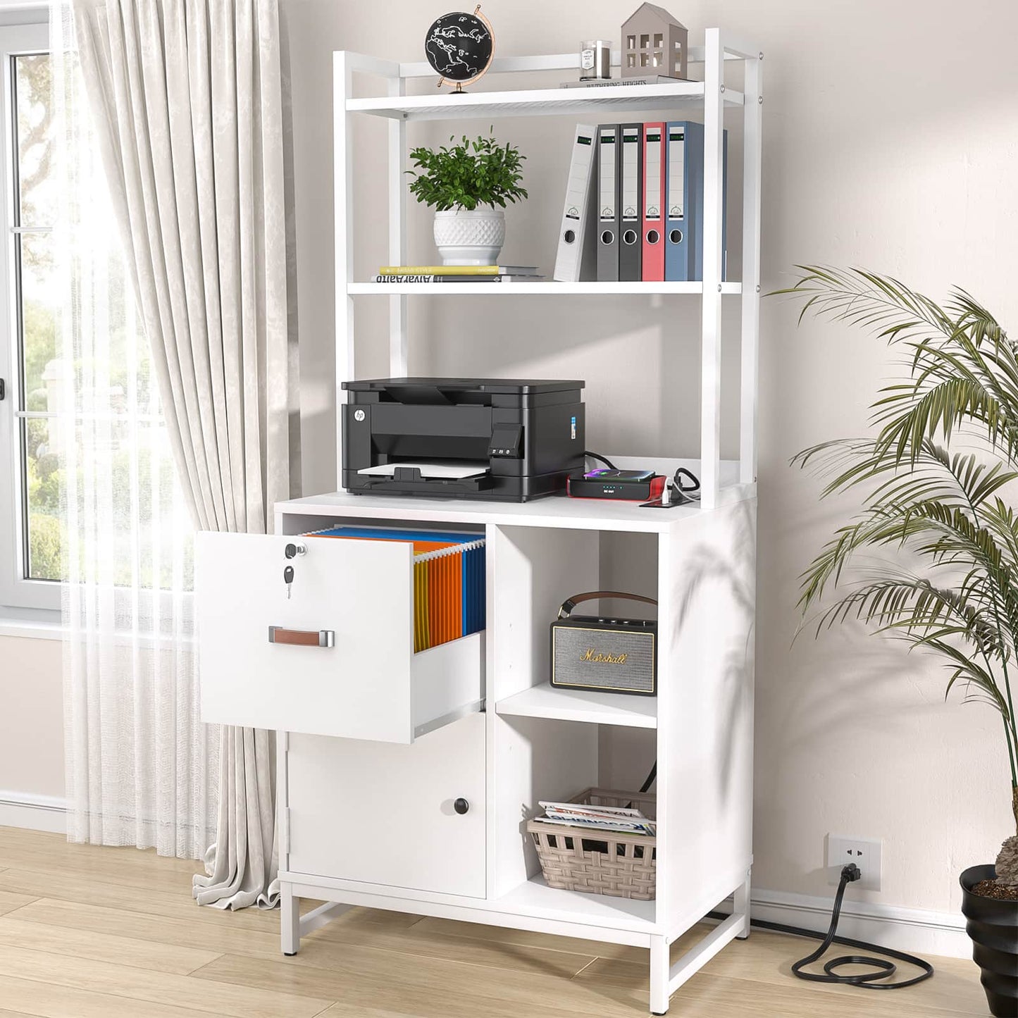 Vertical Filing Cabinet with Lock & Charging Station, Large Drawer Wood File Cabinet with Bookshelf, Printer Stand with Open Storage Shelf