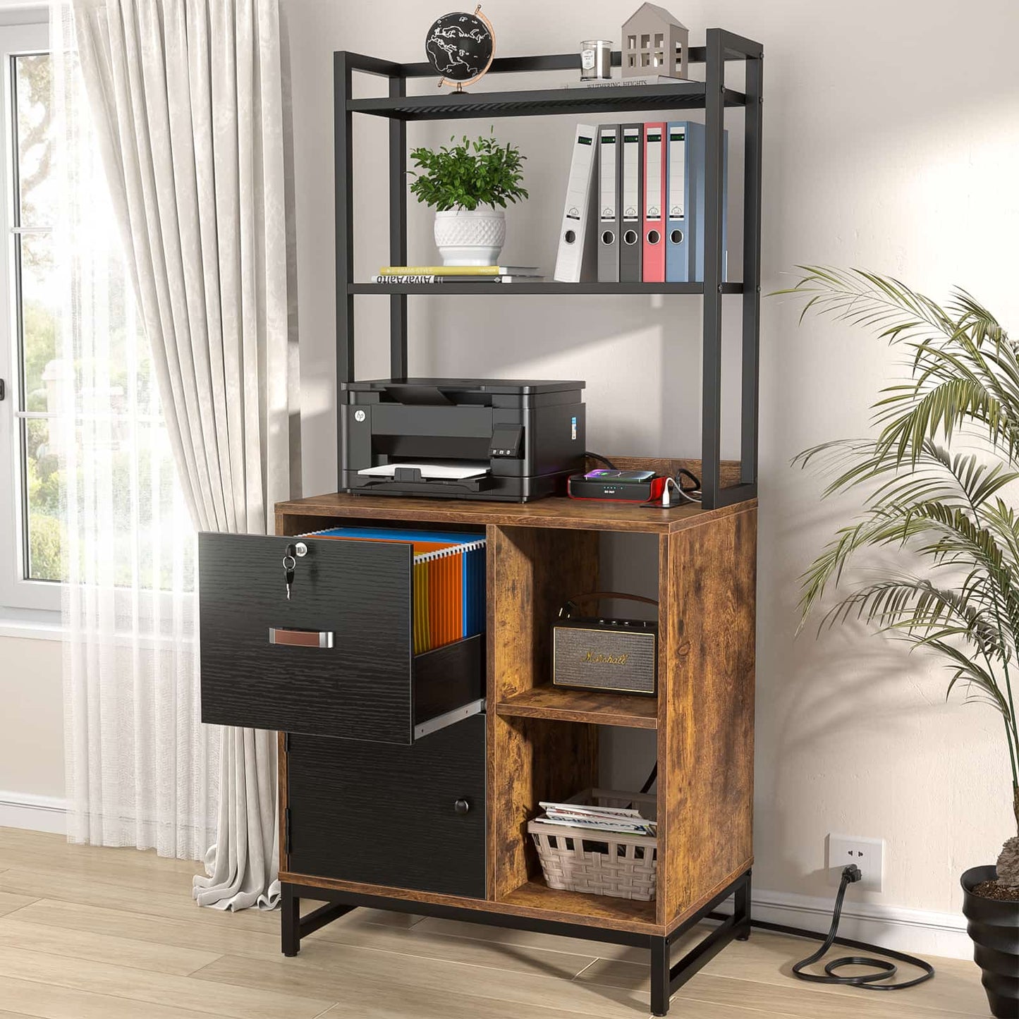 Vertical Filing Cabinet with Lock & Charging Station, Large Drawer Wood File Cabinet with Bookshelf, Printer Stand with Open Storage Shelf
