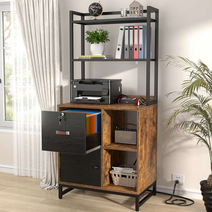 Vertical Filing Cabinet with Lock & Charging Station, Large Drawer Wood File Cabinet with Bookshelf, Printer Stand with Open Storage Shelf