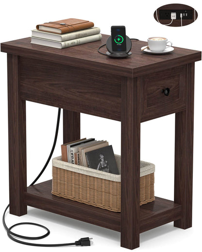 Farmhouse Narrow End Table with Built-in Charging Station – USB Ports & AC Outlets, Drawer & Open Shelf, Slim Side Table