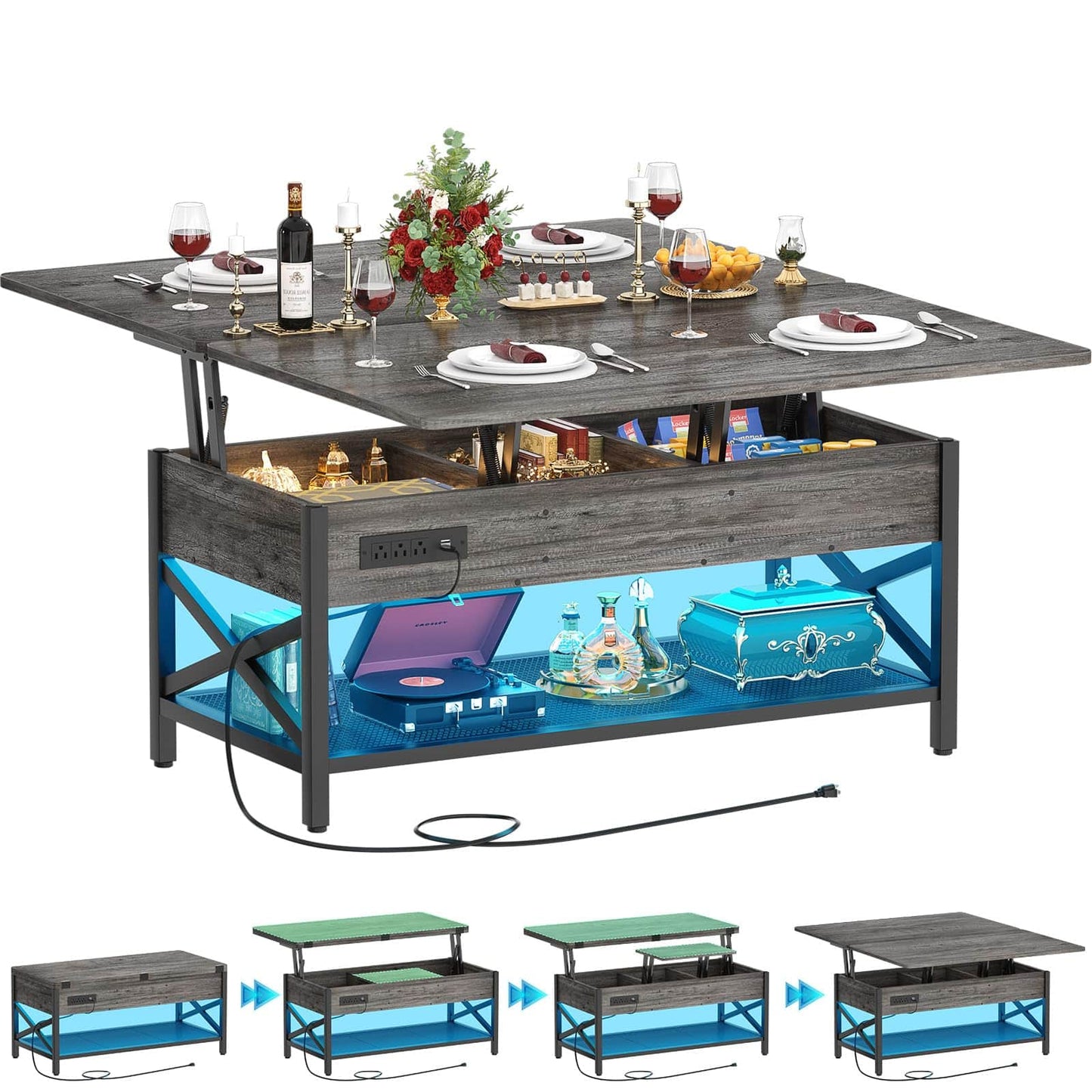 Coffee Table Lift Top with LED Light and Power Outlet, Multi-Function Coffee Table Converts to Dining Table