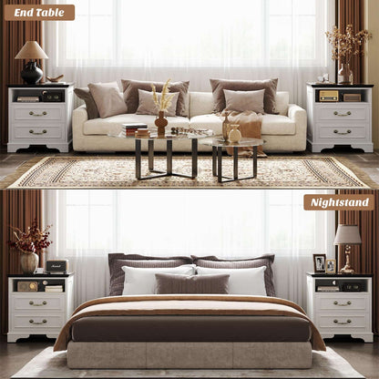 Set of 2 Nightstands with Charging Station, Farmhouse Rustic Bedside Tables with USB-C Ports, AC Outlets, Drawers & Open Shelf