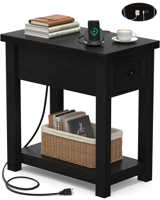 Farmhouse Narrow End Table with Built-in Charging Station – USB Ports & AC Outlets, Drawer & Open Shelf, Slim Side Table