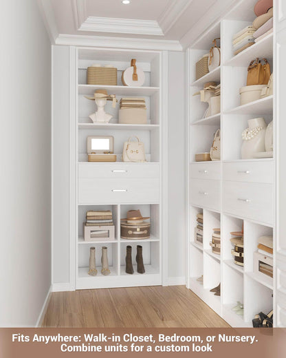 22" Floor-Standing Closet System, Multi-Tiered Wardrobe Storage Unit with Adjustable Shelves & Smooth-Glide Drawers