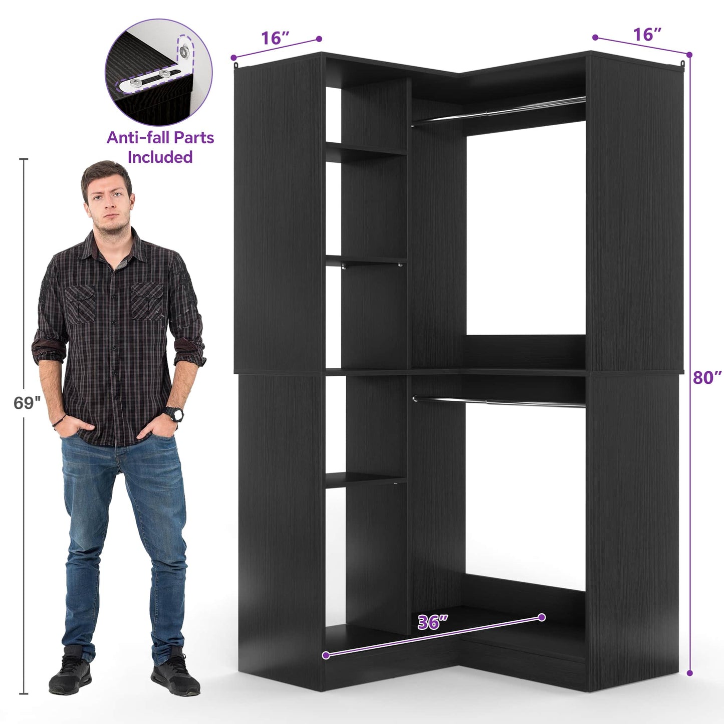 36" Corner Closet System - 2 Rods, Hutches, and 5 Shelves for Versatile Storage, Sturdy and Durable Design Armoire Closet Organizer