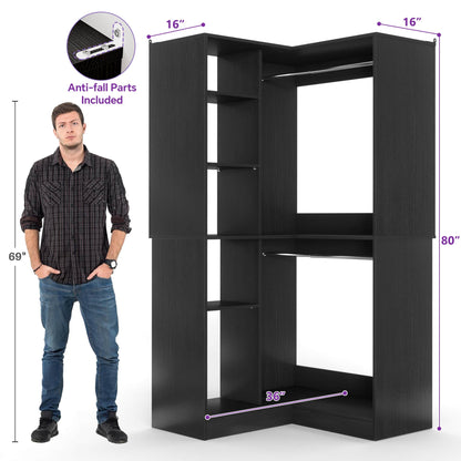 36" Corner Closet System - 2 Rods, Hutches, and 5 Shelves for Versatile Storage, Sturdy and Durable Design Armoire Closet Organizer