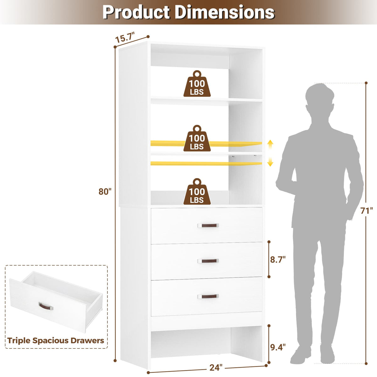 1.8FT Closet System with Leather Handles for Small Space