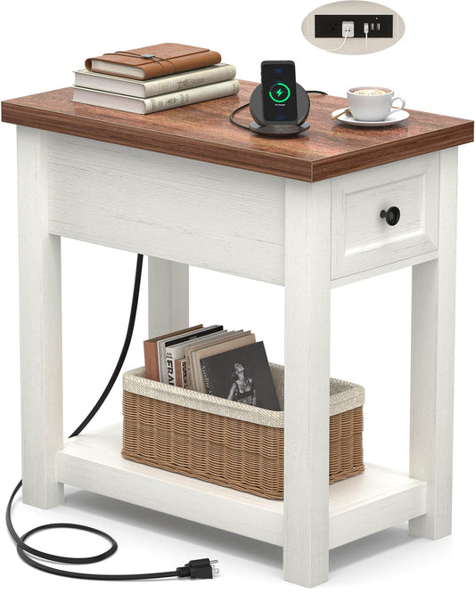 Farmhouse Narrow End Table with Built-in Charging Station – USB Ports & AC Outlets, Drawer & Open Shelf, Slim Side Table