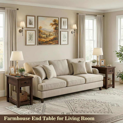 2-Pack Farmhouse End Tables with Charging Station - Skinny Nightstand Set With Drawer & Shelf for Small Spaces