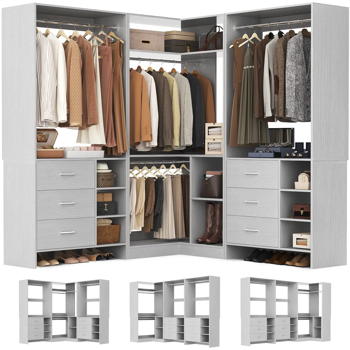 Closet System with 6 Drawers, 4 Hanging Rods & Corner Tower