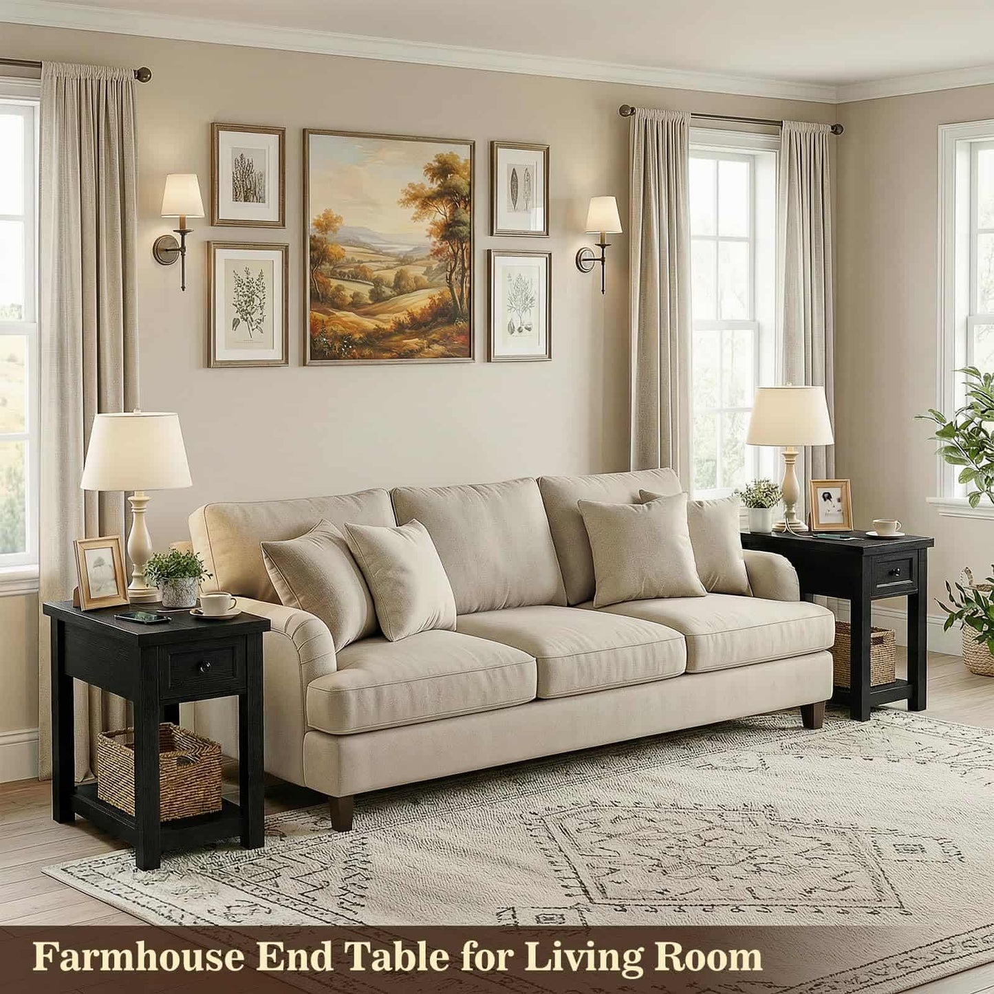 Farmhouse Narrow End Table with Built-in Charging Station – USB Ports & AC Outlets, Drawer & Open Shelf, Slim Side Table