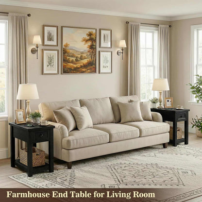 Farmhouse Narrow End Table with Built-in Charging Station – USB Ports & AC Outlets, Drawer & Open Shelf, Slim Side Table