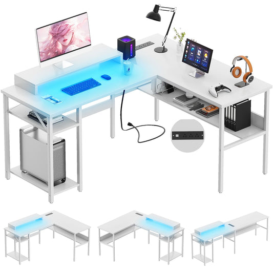 Reversible L Shaped Desk with Magic Power Outlets and USB Charging Ports