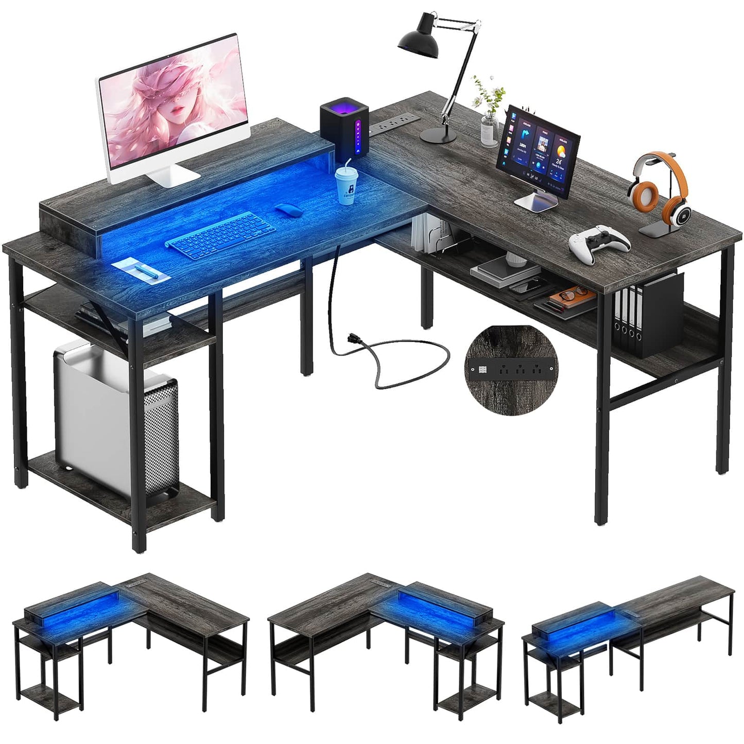 Reversible L Shaped Desk with Magic Power Outlets and USB Charging Ports
