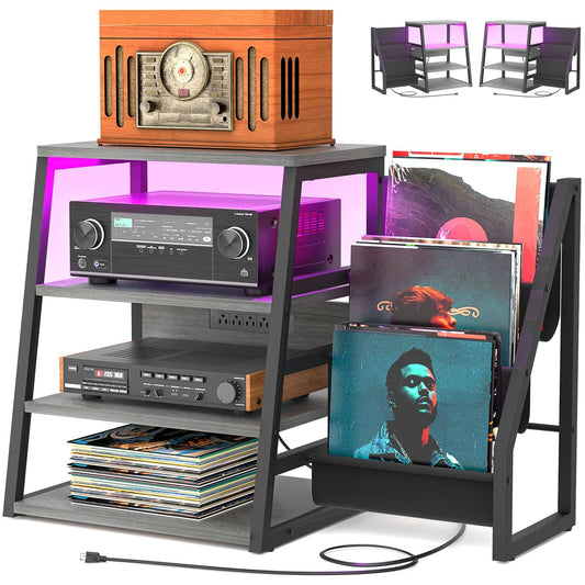 4-Tier Media Stand with Vinyl Storage, Power Outlets & LED Lights