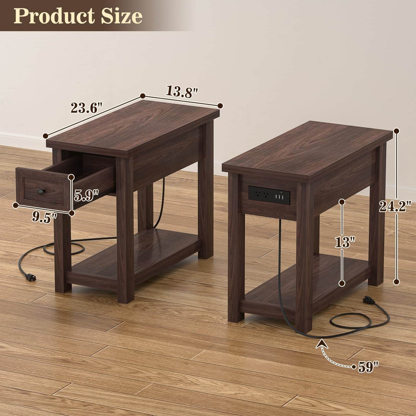 2-Pack Farmhouse End Tables with Charging Station - Skinny Nightstand Set With Drawer & Shelf for Small Spaces