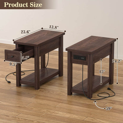 2-Pack Farmhouse End Tables with Charging Station - Skinny Nightstand Set With Drawer & Shelf for Small Spaces