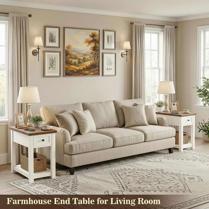 Farmhouse Narrow End Table with Built-in Charging Station – USB Ports & AC Outlets, Drawer & Open Shelf, Slim Side Table