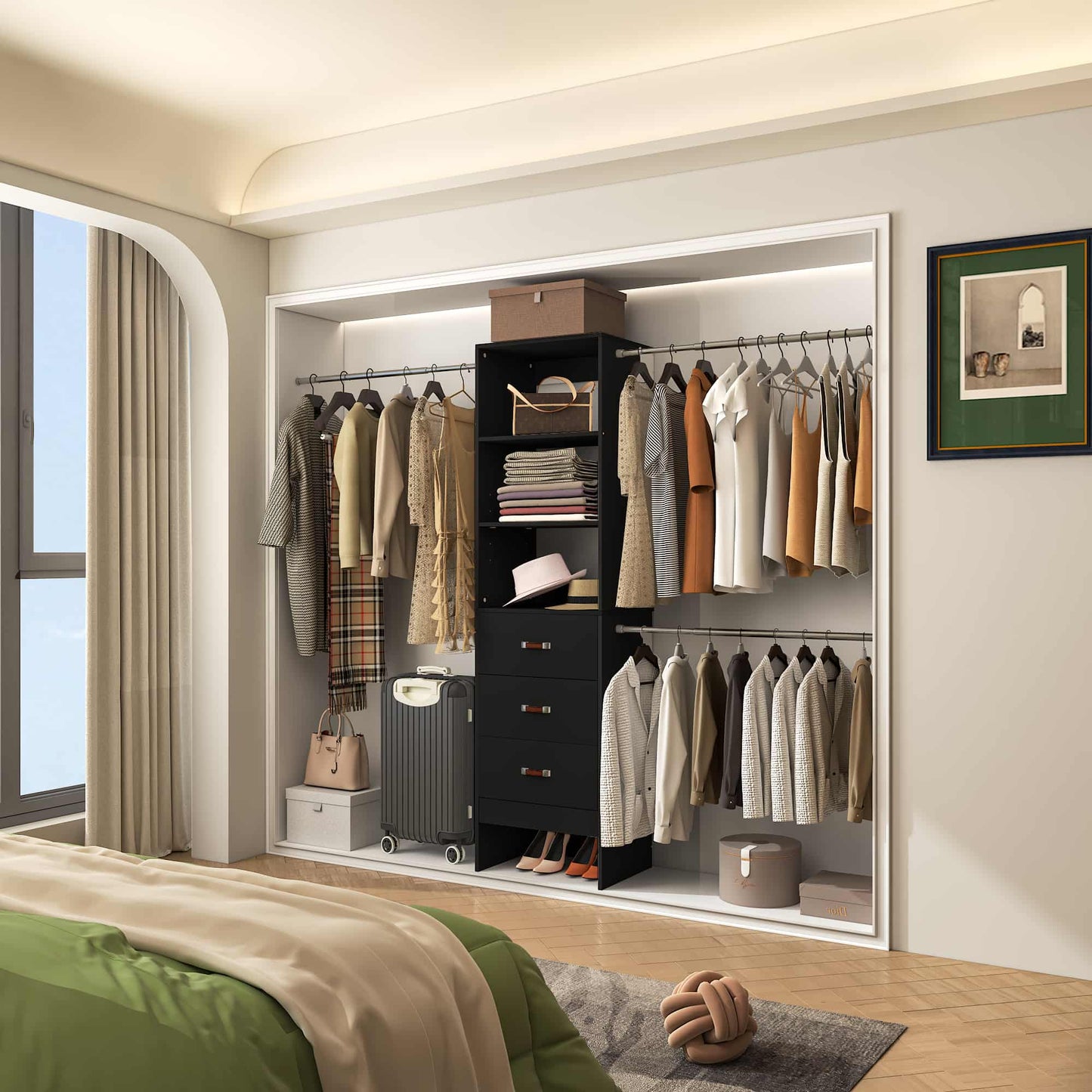 Adjustable 5-8FT Wall-Mounted Closet Organizer System with 3 Hanging Rods & 3 Wood Drawers
