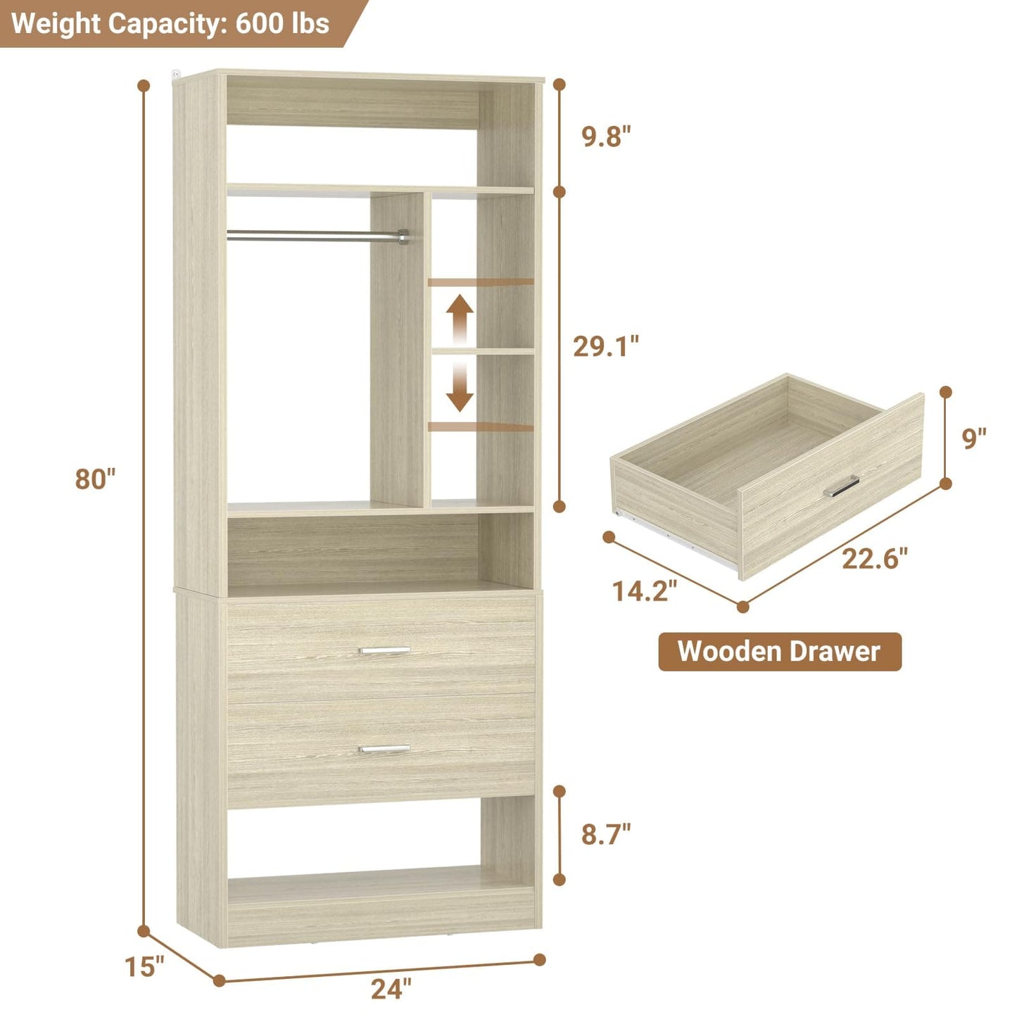 Freestanding 24" Closet System with 2 Wood Drawers, 2FT Small Closet Organizer System with 6 Shelves & Hanging Rod