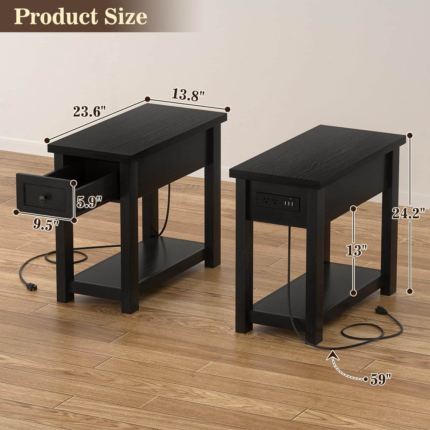 Farmhouse Narrow End Table with Built-in Charging Station – USB Ports & AC Outlets, Drawer & Open Shelf, Slim Side Table